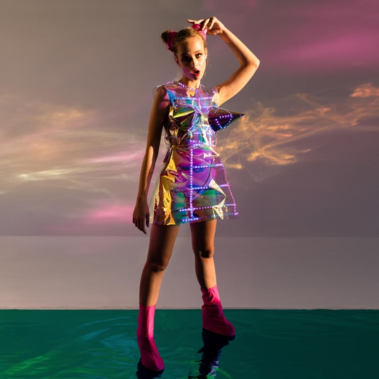 Hologram vinyl LED light up rainbow Cage dress outfit - by ETERESHOP