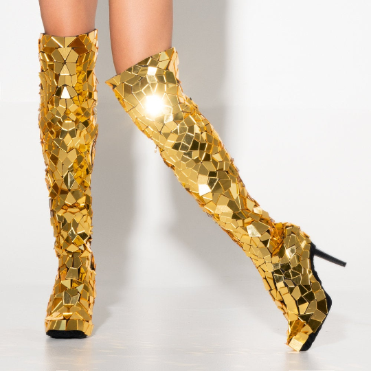 Festival wear custom rave glitter sparkly gold mirror shoes high boots ...