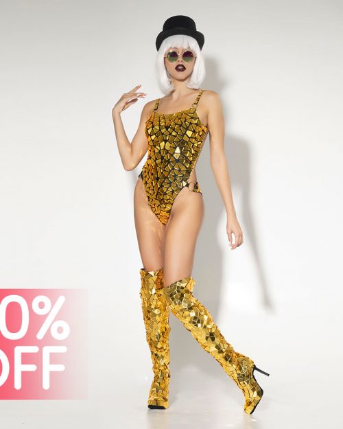 Sequin Bodysuit gold mirror dance suit on transparent fabric