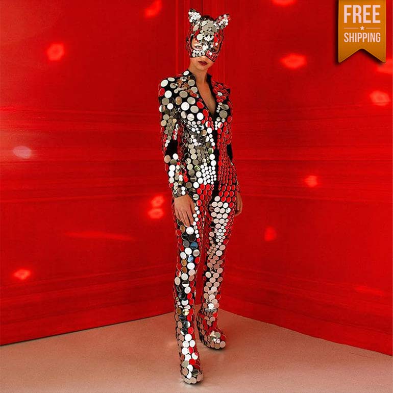 Mirror Kitty Festival Wear Disco Ball Glitter Sparkly Mirror Bodysuit Circle Costume For Sale