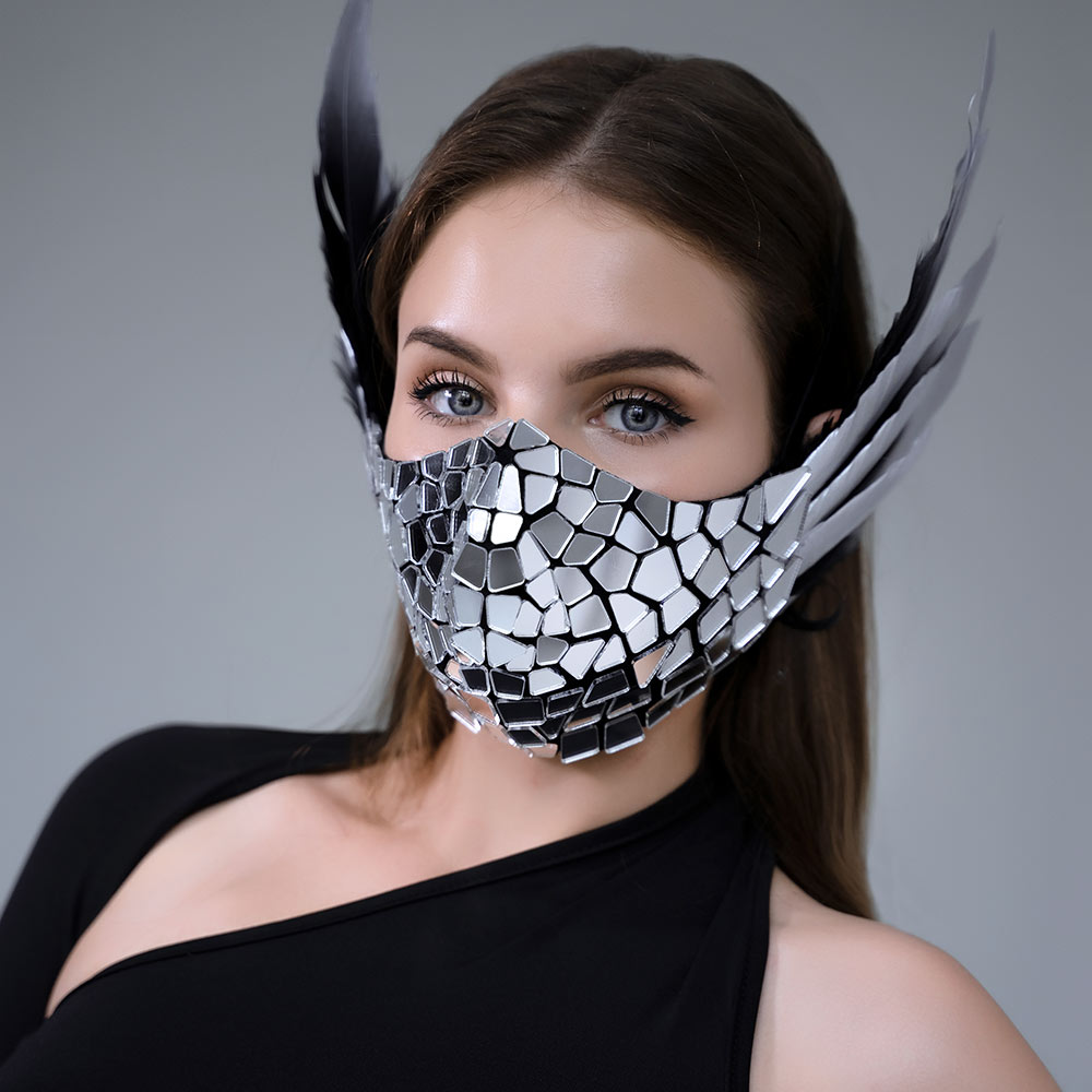 Silver Mirror Face Mask with Real Feathers by ETERESHOP _M112