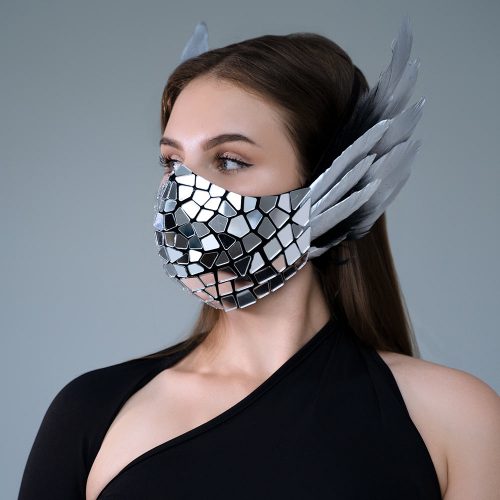 Silver Mirror Face Mask with Real Feathers by ETERESHOP _M112