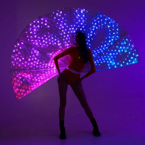 Scrolling Text Effect on a Smart Pixel Peacock Fan with 700 LEDs wearable display
