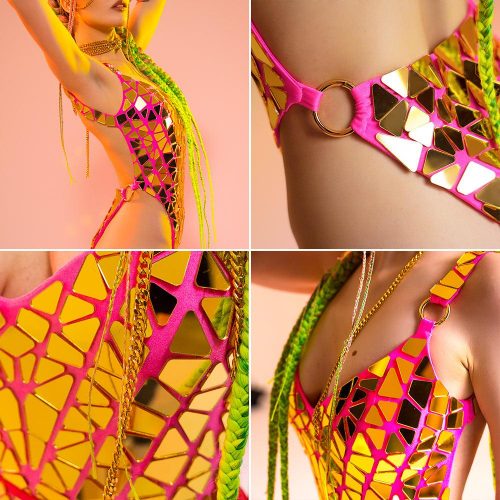 Sexy pink bodysuit with gold mirror for Festival - by Etereshop