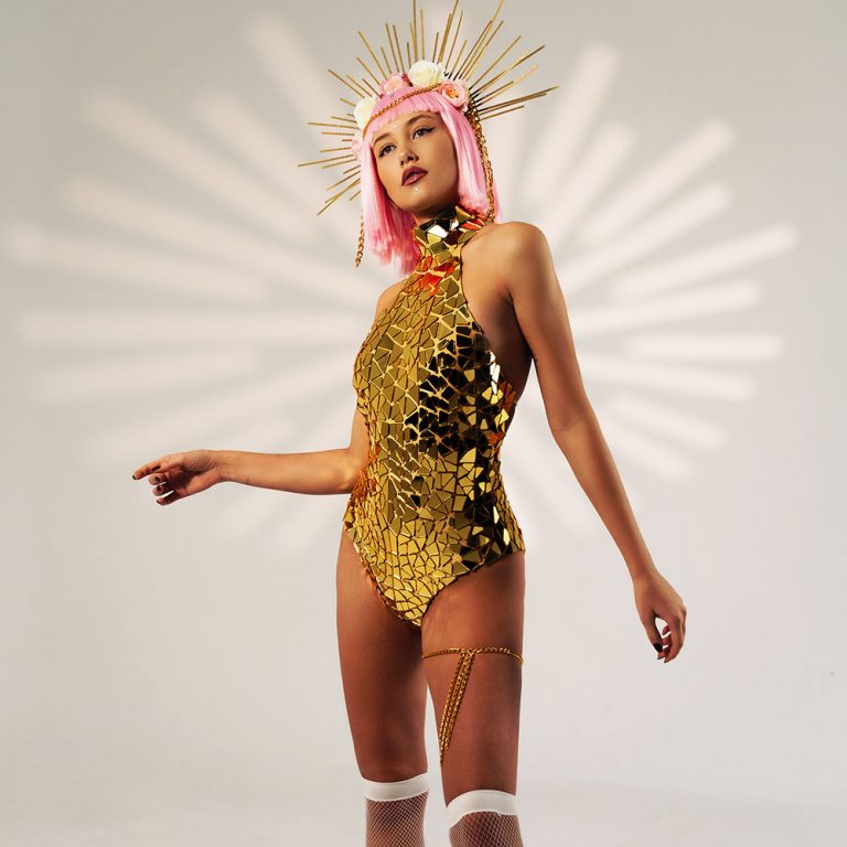 Rave Gold Mirror Dance Bodysuit With Disco Ball Effect Etere