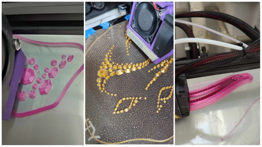 3D printing of pink and golden plastic beads and helmet slots for a dragonfly costume