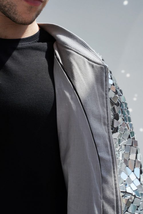 Silver Mirror Bomber Jacket closeup