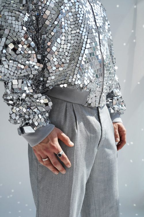 Silver Mirror Bomber Jacket with a Zip