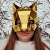 Low-Poly Gold Mirror Mask of a Cat