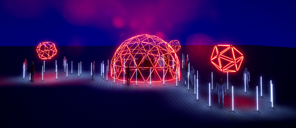 Reder of the Luminous LED Tube Installation with the Geodome in the middle