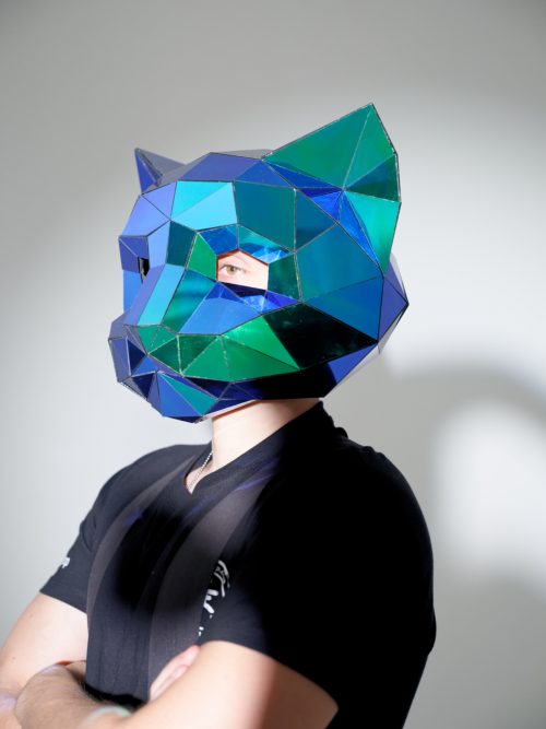 3D Low-Poly Scarab Green Mirror Cat Helmet