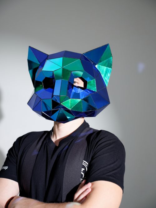 3D Low-Poly Scarab Green Mirror Cat Mask Helmet ETERESHOP