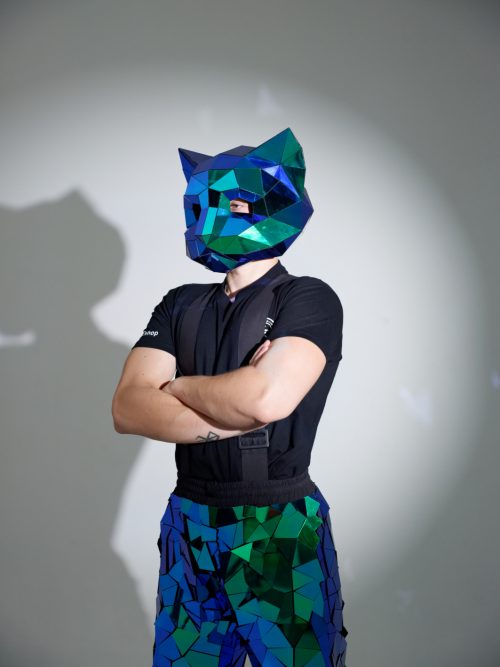 3D Low-Poly Scarab Green Mirror Cat Mask Helmet ETERESHOP Design