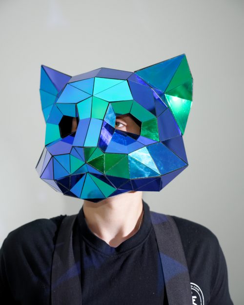 3D Low-Poly Scarab Green Mirror Cat MaskETERESHOP