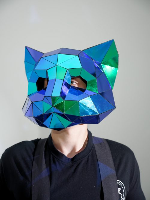 3D Low-Poly Scarab Green Mirror Cat MaskETERESHOP