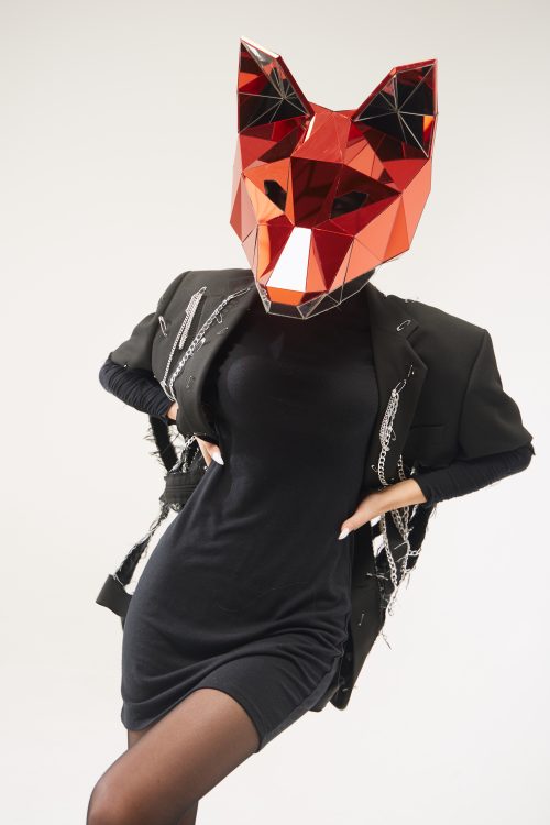 3D Fox Mask Made of Red and Silver Mirror