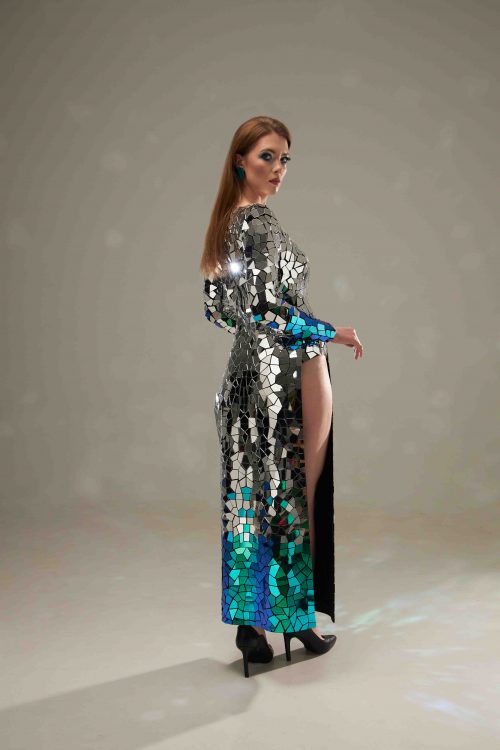 Silver and Scarab Mirror Slit Dress back view